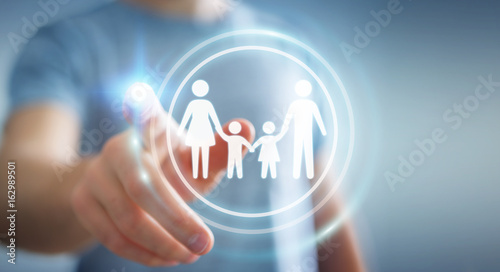 Businessman touching family interface with his finger 3D rendering