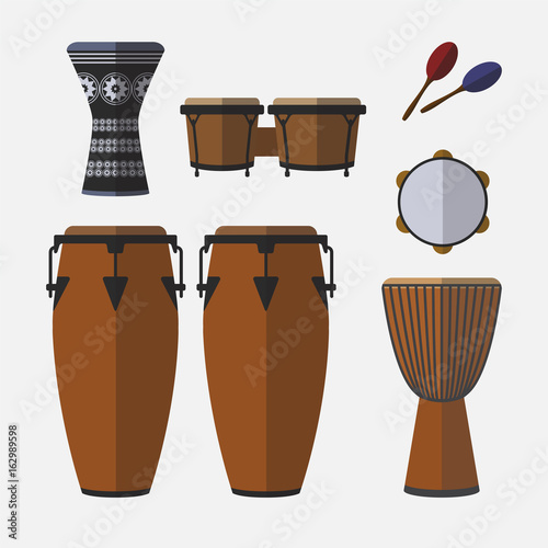 Set of percussion instruments. Flat icon photo