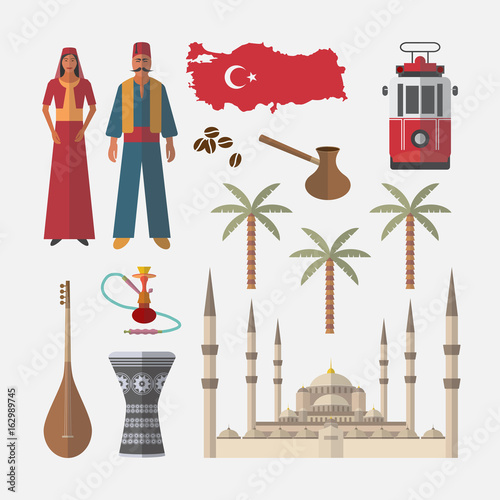 Turkey travel icon. Set of architecture, people, items.