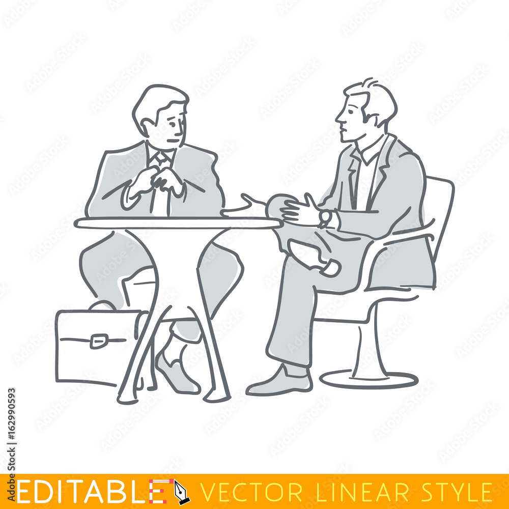 Two businessmen sitting at a table talking. Editable line sketch. Stock vector illustration.