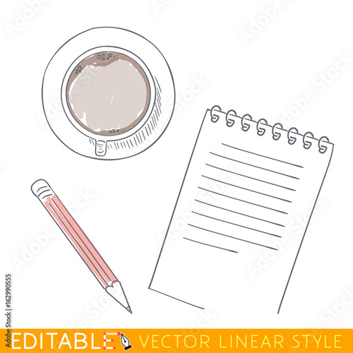 Cup notes pen view of top. Editable line sketch. Stock vector illustration.
