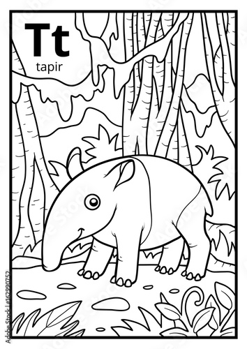 Coloring book, colorless alphabet. Letter T, tapir