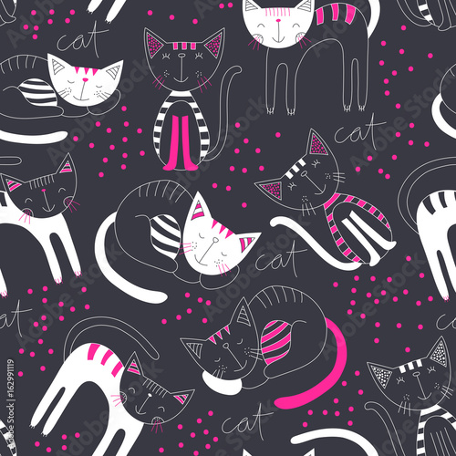 Fototapeta Ślicznych kotów kolorowy bezszwowy deseniowy tło. Tapeta dla dzieci. Ręcznie rysowane tła mody. Ładny i zabawny design zwierząt