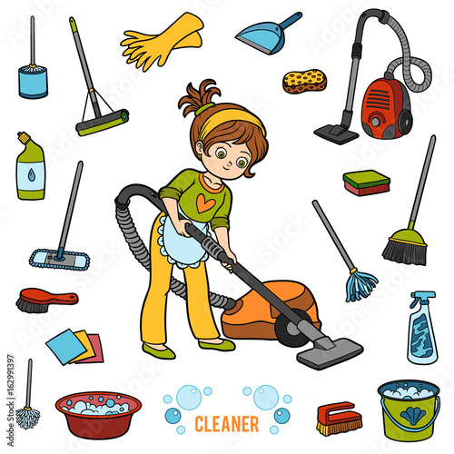 Vector set with girl and objects for cleaning. Colorful items