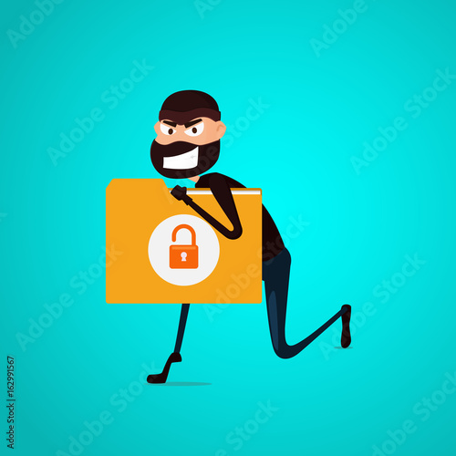 Thief. Hacker stealing confidential data document folder from computer useful for anti phishing and internet viruses campaigns. concept hacking internet social network.