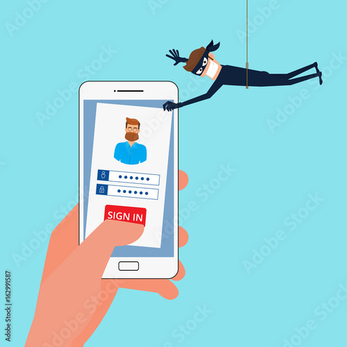Thief Hacker stealing sensitive data, personal information as passwords from a smartphone useful for anti phishing and internet viruses campaigns.Concept hacking internet social network.