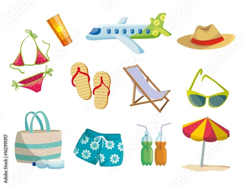Summer, vacation on the beach, travel. Set of colored vector icons on white