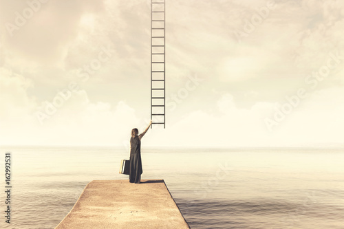   Woman takes up imaginary ladder from the sky to a disenchanted destination