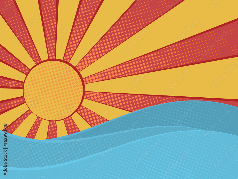 Pop art summer background, sun and sea waves in comic style. Stock  Illustration | Adobe Stock