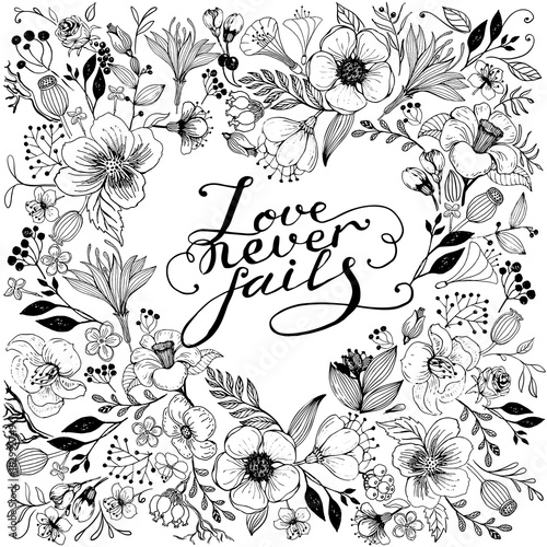 Obraz na płótnie Vector clipart flower composition in the form of heart with lettering- love never fails