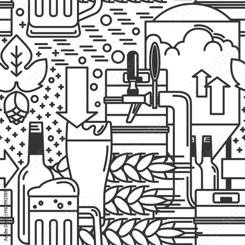 Beer mug, glass, brewery, beer tap, kegs, bottle, malt, hops. Seamless pattern in a modern linear style. Vector illustration for the beer industry.