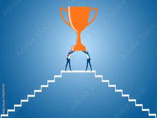 Two businessman going up to trophy and success. Stair step to success