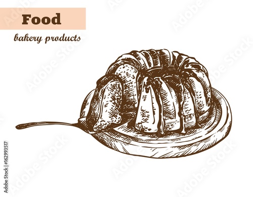 fruitcake with jam. homemade baking. bakery products. vector sketch on white