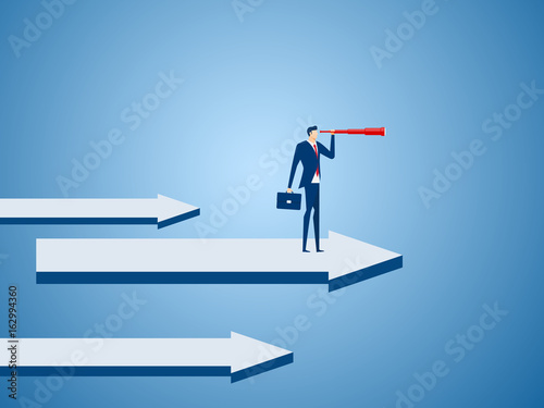 Businessman stand on graph arrow using telescope looking for success, opportunities, future business trends. Vision concept