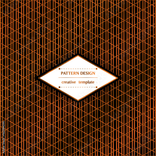 Square pattern with cooper stripes and rhoms on black background. Vector template for flyer, card, brochure, cover, textile, tile, etc.