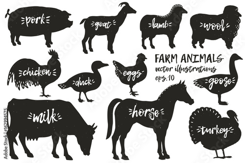 Vector farm animals silhouettes. Vintage illustrations. Hand drawn animals