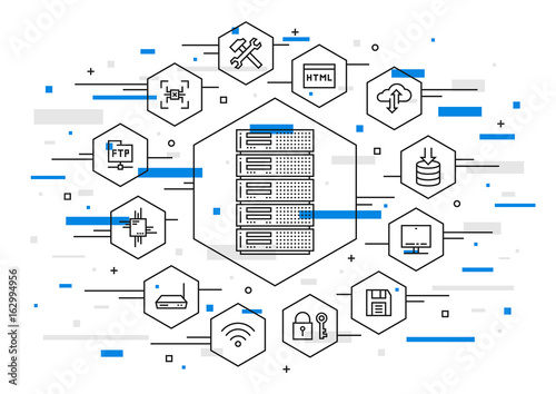 Server technology vector illustration. Network database infrastructure system.  Data storage (cloud) hardware graphic design.
