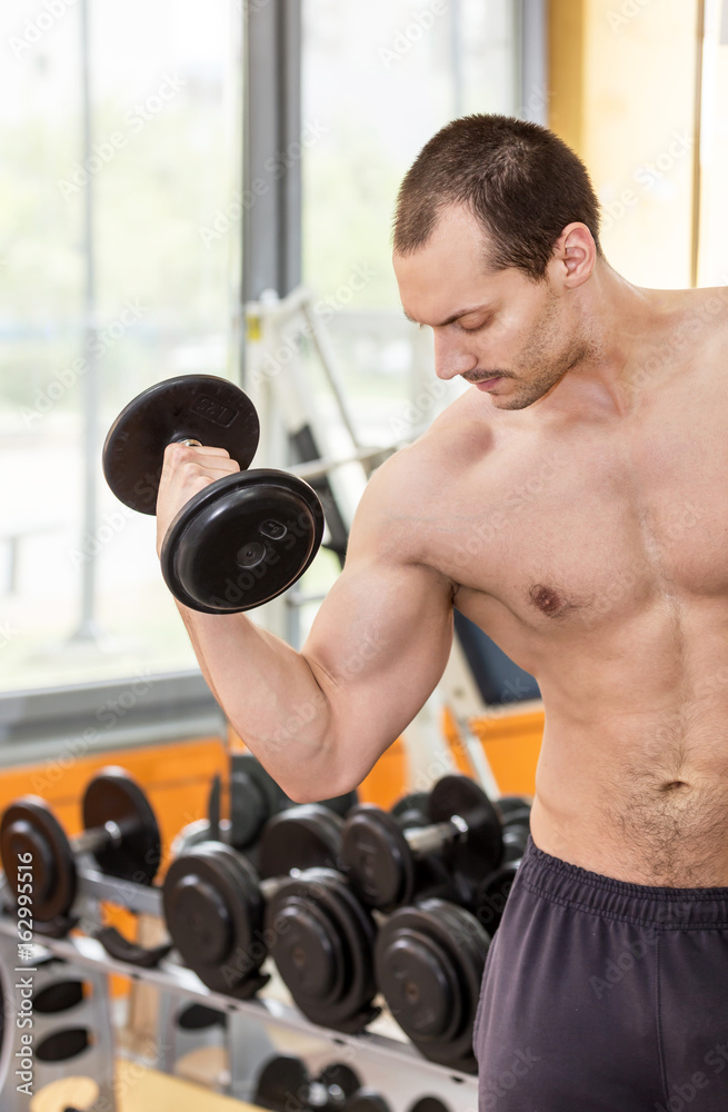 bodybuilder man doing biceps exercise with dumbbell in fitness club bodybuilder man doing biceps exercise with dumbbell in fitness club