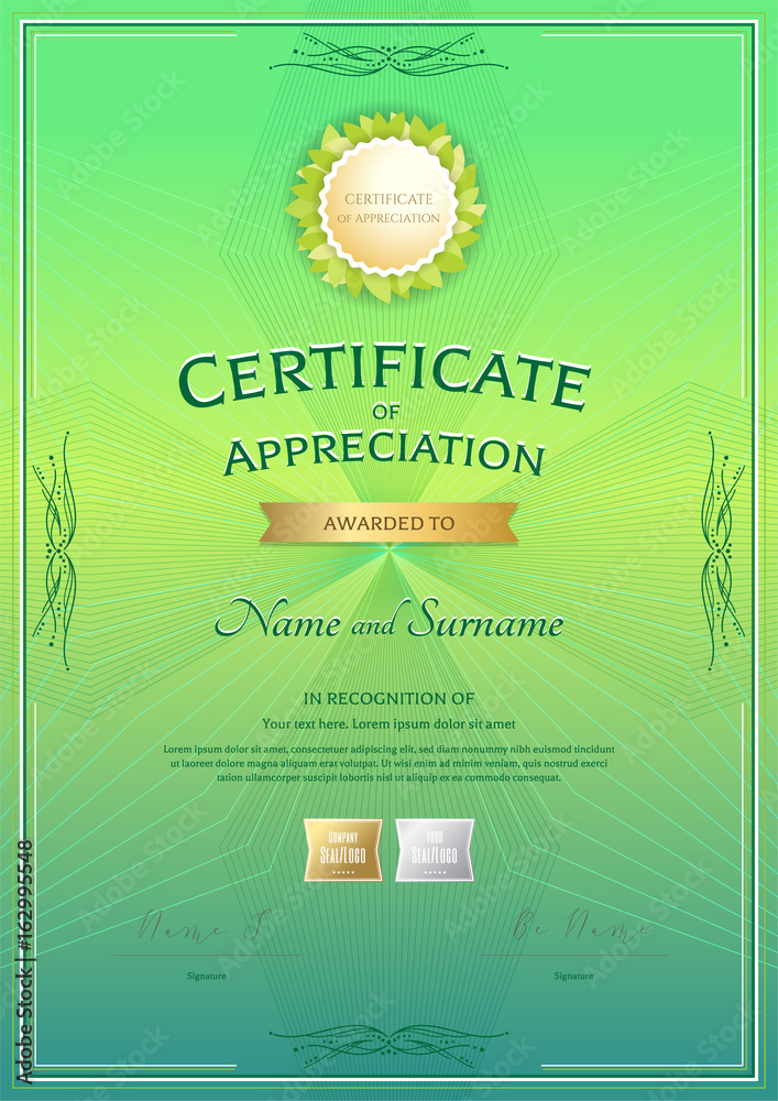 Portrait certificate of appreciation template with award ribbon on