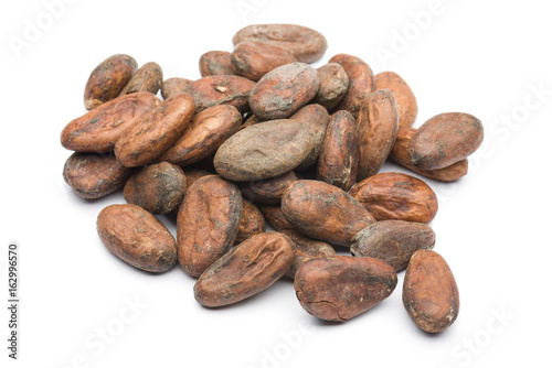 heap of cocoa beans on white background