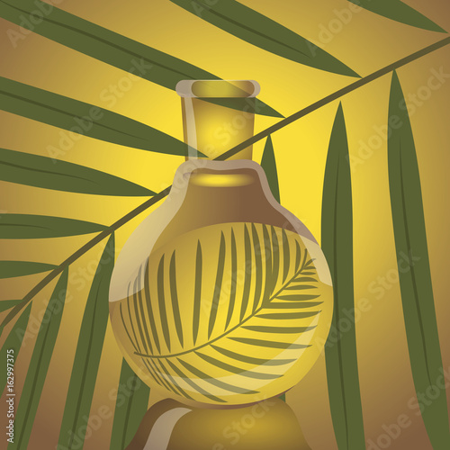 Oil in glass bottle with palm background. Vector illustration