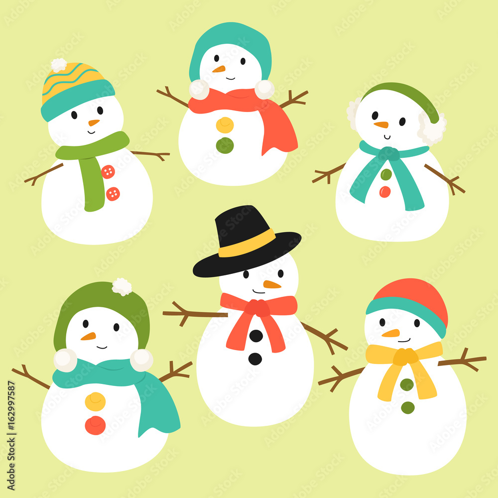 snowman vector collection in different scarf and hat 