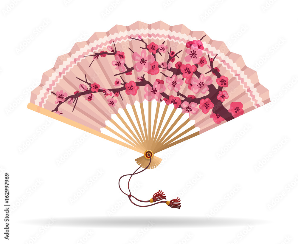 Japan cherry blossom folding fan vector illustration. Japanese fan with