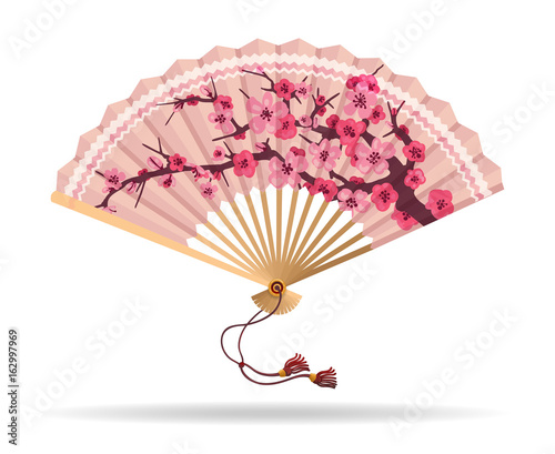 Japan cherry blossom folding fan vector illustration. Japanese fan with sakura branch pattern, geisha souvenir isolated on white