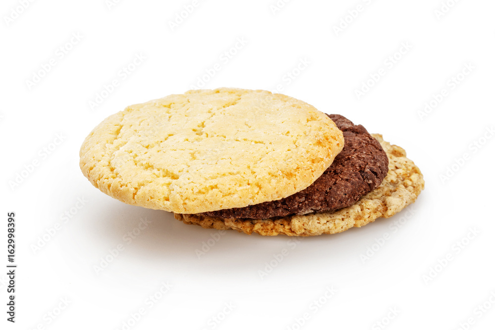 Homemade chocolate, almond and oatmeal cookies isolated on white background Homemade chocolate, almond and oatmeal cookies isolated on white background