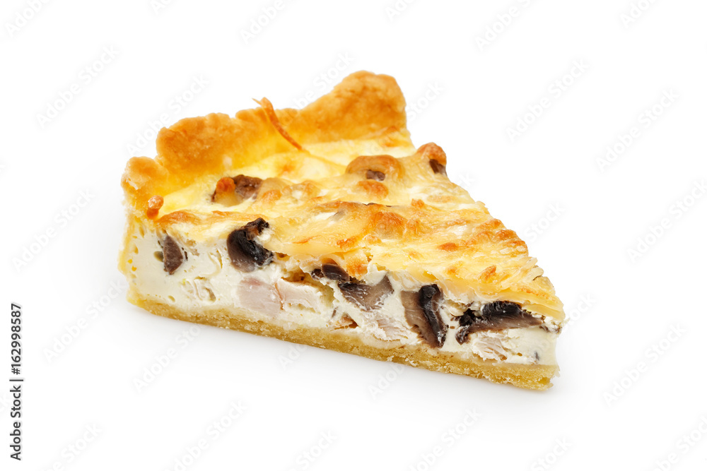 Close up of a single slice of chicken and mushroom pie isolated on white. View from above Close up of a single slice of chicken and mushroom pie isolated on white. View from above