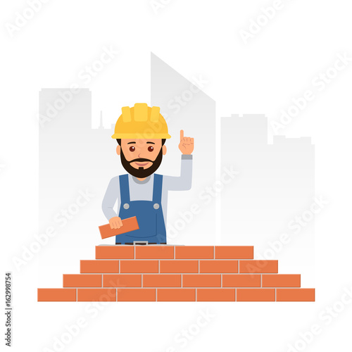 Cartoon builder holding up his index finger and giving advice. Worker builds a brick wall. Brickwork.