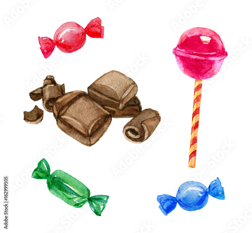 Set of candies, lollipop, chocolate, isolated on white background, watercolor illustration