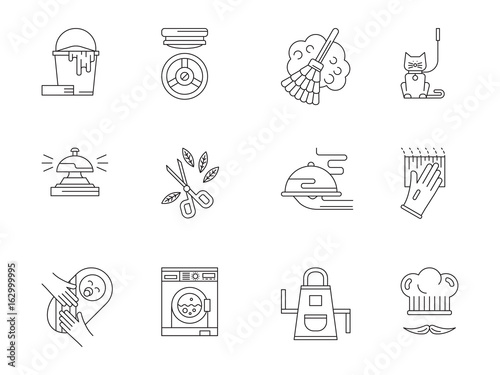 Domestic staff flat line vector icons set