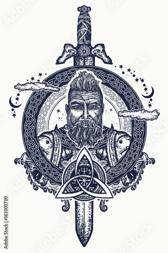 Viking tattoo and t-shirt design. Bearded barbarian of Scandinavia,sword, god  Odin, dragon. Symbol of force, courage. Scandinavian mythology. Viking  tattoo art print t-shirt design Stock Vector