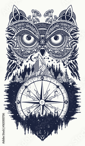 Owl and compass tattoo art. Owl in ethnic celtic style t-shirt design. Owl  tattoo symbol of wisdom, meditation, thinking, tourism, adventure Stock  Vector | Adobe Stock