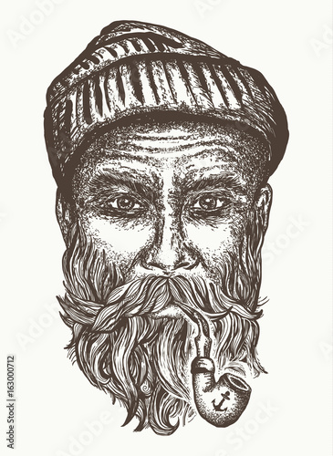 Old sailor, old captain portrait hand drawn. Old man smoking pipe t-shirt design print