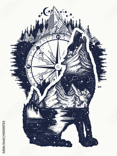 Wolf and mountains double exposure tattoo art. Symbol tourism, travel, adventure, outdoor. Wolf howls tattoo, mountain compass and night sky t-shirt design