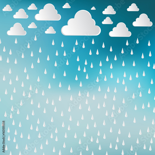 Paper cut white clouds and rain drops on blue sky background. Rainy day. Vector Illustration