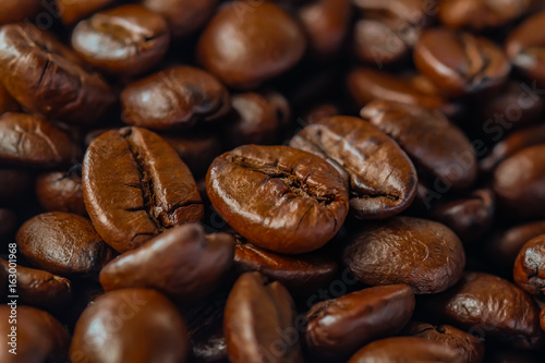 close up roasted coffee beans.