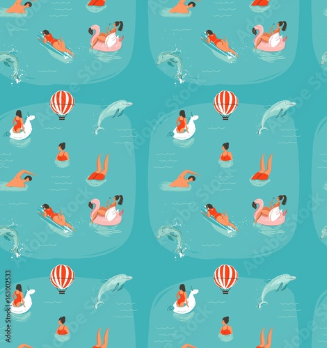 Hand drawn vector abstract summer time fun seamless pattern with swimming happy people in sea water with jumping dolphins isolated on blue background