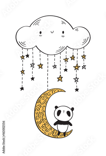 Fototapeta Naklejka Na Ścianę i Meble -  Greeting card with cute panda on the golden moon. Hand drawn illustration for your design. Vector.