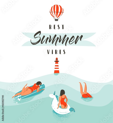 Hand drawn vector abstract summer time fun illustration with swimming happy people in water with lighthouse hot air balloon and modern typography quote Best Summer Vibes isolated on white background.