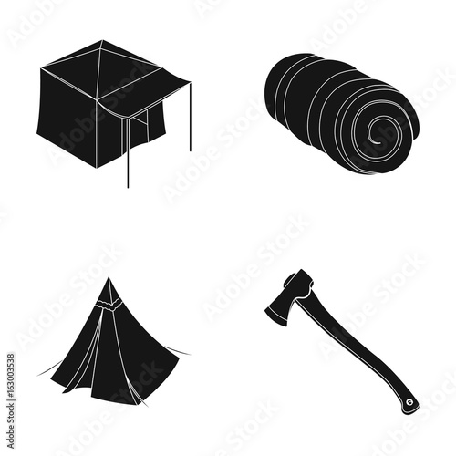 Tent with awning, ax and other accessories.Tent set collection icons in black style vector symbol stock illustration web.