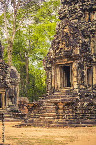 Ancient ruins with overgrown trees at Angkor Wat Cambodia