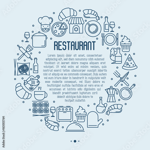 Restaurant concept with thin line icons and place for text inside for banner, menu and print media. Vector illustration.