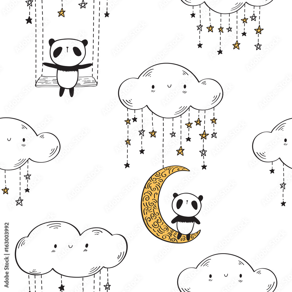 Obraz premium Seamless pattern with cute pandas on the golden moons and swings with stars for textile, wallpapers, gift wrap and scrapbook. Vector illustration.
