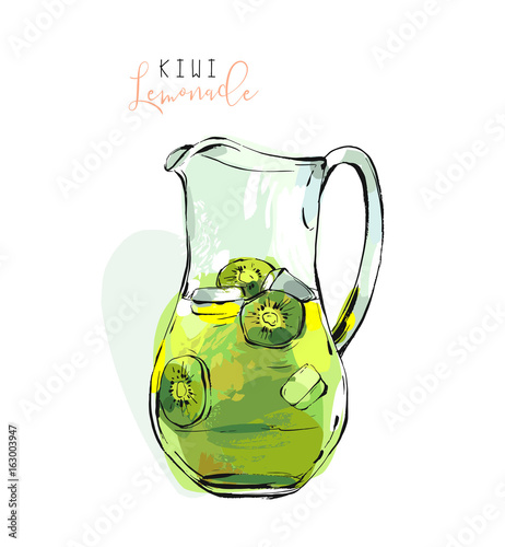 Hand drawn vector abstract freehand textured refreshing kiwi lemonade illustration in glass pitcher with lemons and ice cubes isolated on white background