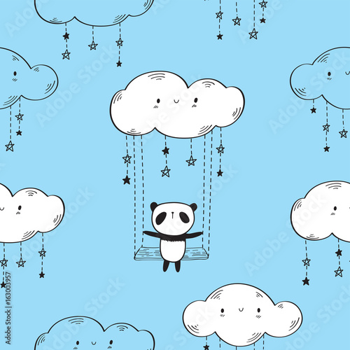 Fototapeta Naklejka Na Ścianę i Meble -  Seamless pattern with cute pandas the swings, clouds and stars for textile, wallpapers, gift wrap and scrapbook. Vector illustration.