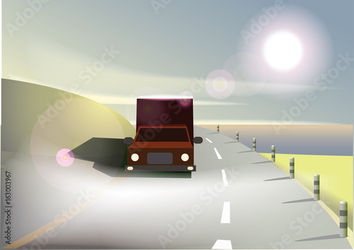 Road and truck in the morning.