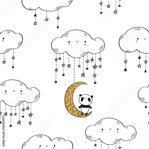 Fototapeta Naklejka Na Ścianę i Meble -  Seamless pattern with cute pandas on the golden moons, clouds and stars for textile, wallpapers, gift wrap and scrapbook. Vector illustration.